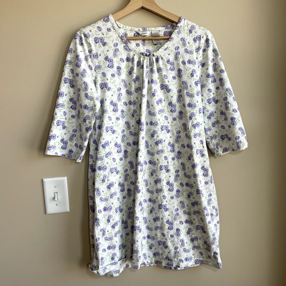 Adonna vintage floral purple white‎ nightgown sleep dress women's size L cotton